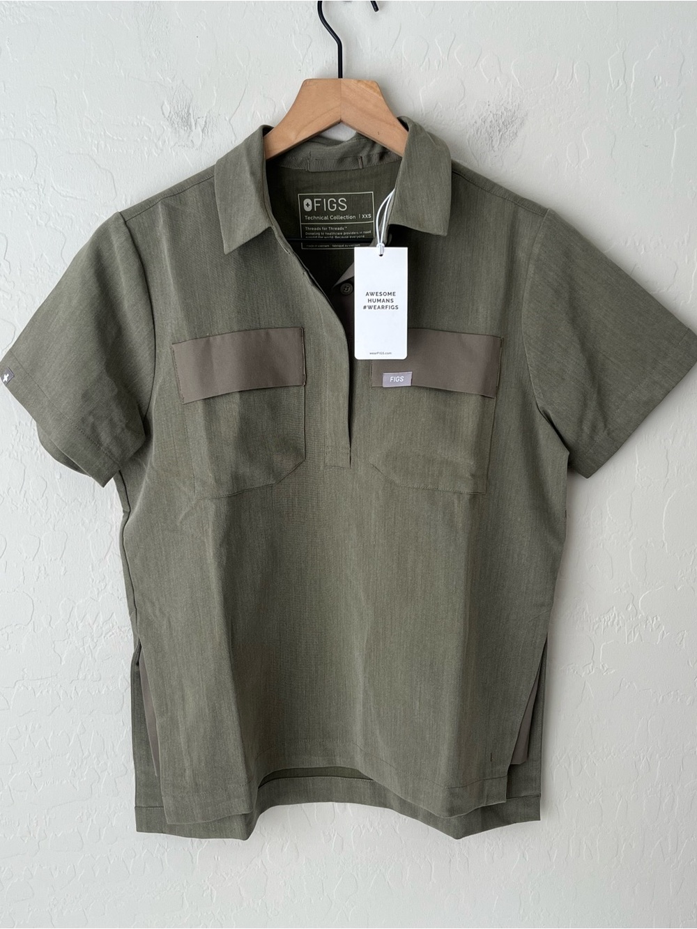 Figs Saiya Cargo scrub top heathered olive green NEW XXS limited edition